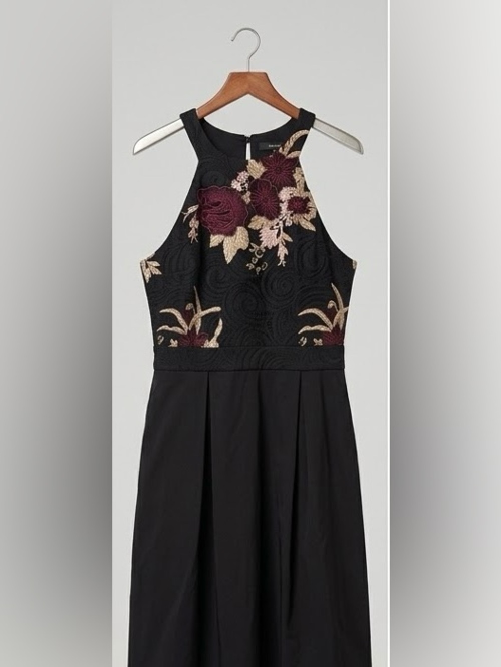le chateau Black Midi Dress with Burgundy and Cream Floral Embroidery